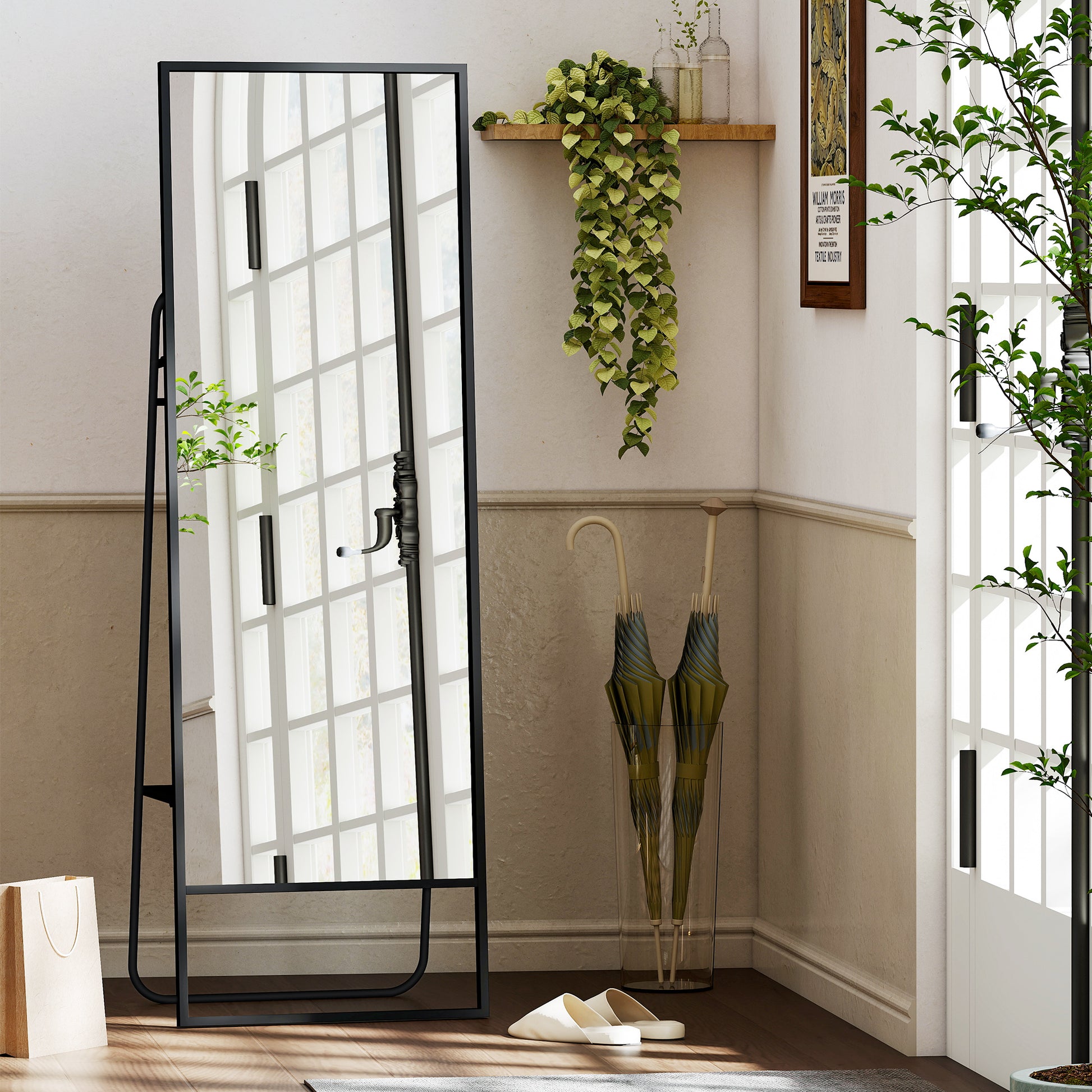 Full Body Mirror 157 x 50 cm Rectangular Standing Mirror with Shelf, 2 Hooks, and Metal Frame, Large Mirror, Dressing Mirror for Bedroom, Living Room, Entryway, Black
