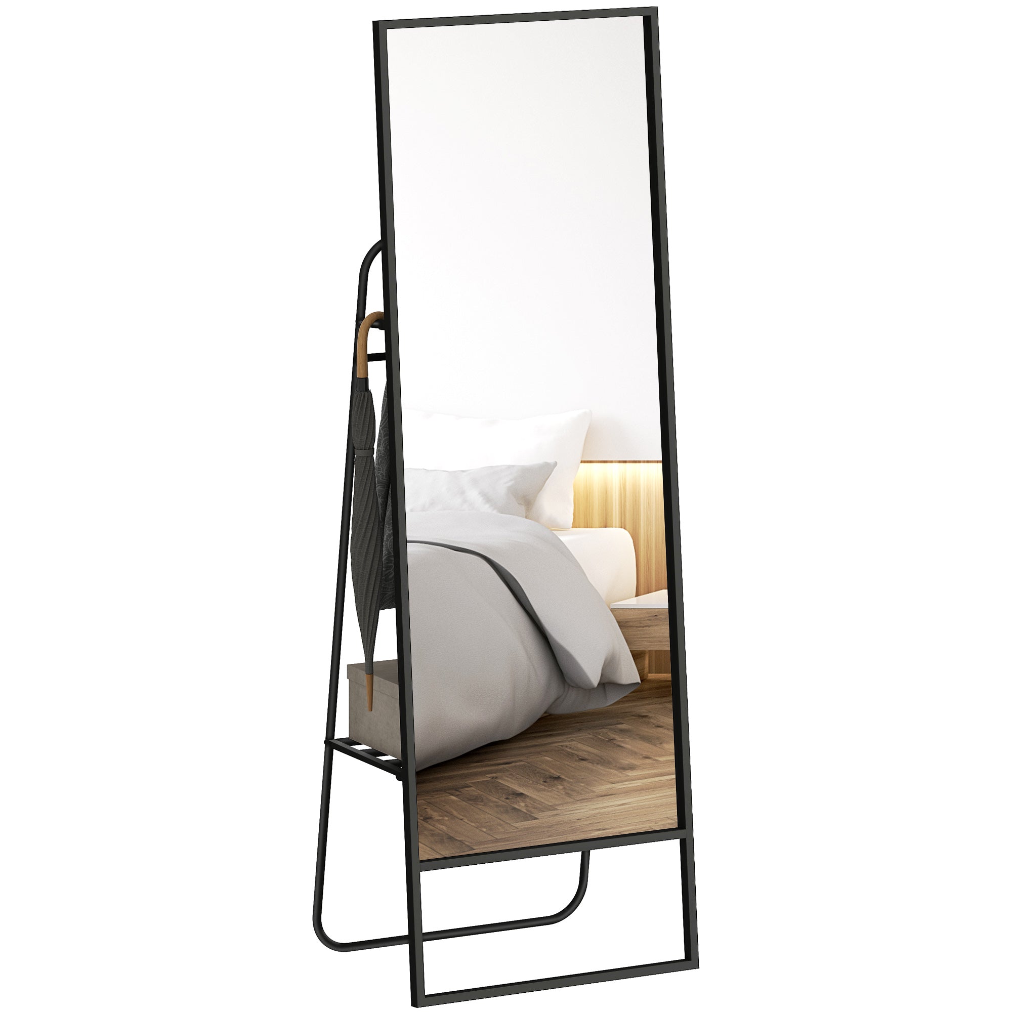 Full Body Mirror 157 x 50 cm Rectangular Standing Mirror with Shelf, 2 Hooks, and Metal Frame, Large Mirror, Dressing Mirror for Bedroom, Living Room, Entryway, Black