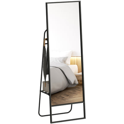 Full Body Mirror 157 x 50 cm Rectangular Standing Mirror with Shelf, 2 Hooks, and Metal Frame, Large Mirror, Dressing Mirror for Bedroom, Living Room, Entryway, Black