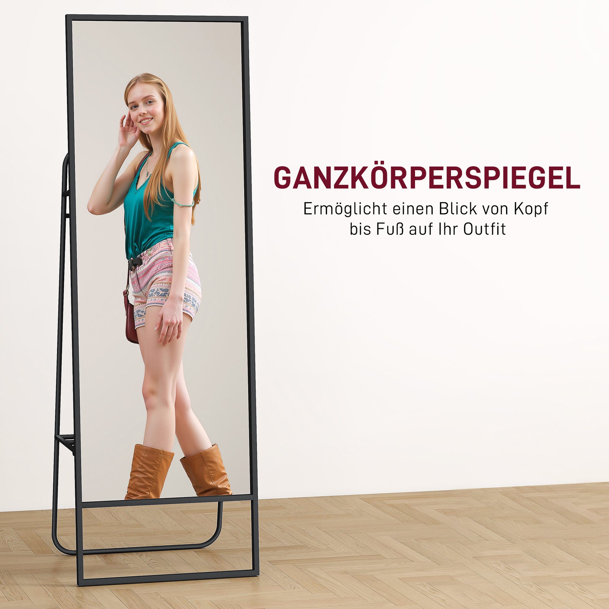 Full Body Mirror 157 x 50 cm Rectangular Standing Mirror with Shelf, 2 Hooks, and Metal Frame, Large Mirror, Dressing Mirror for Bedroom, Living Room, Entryway, Black