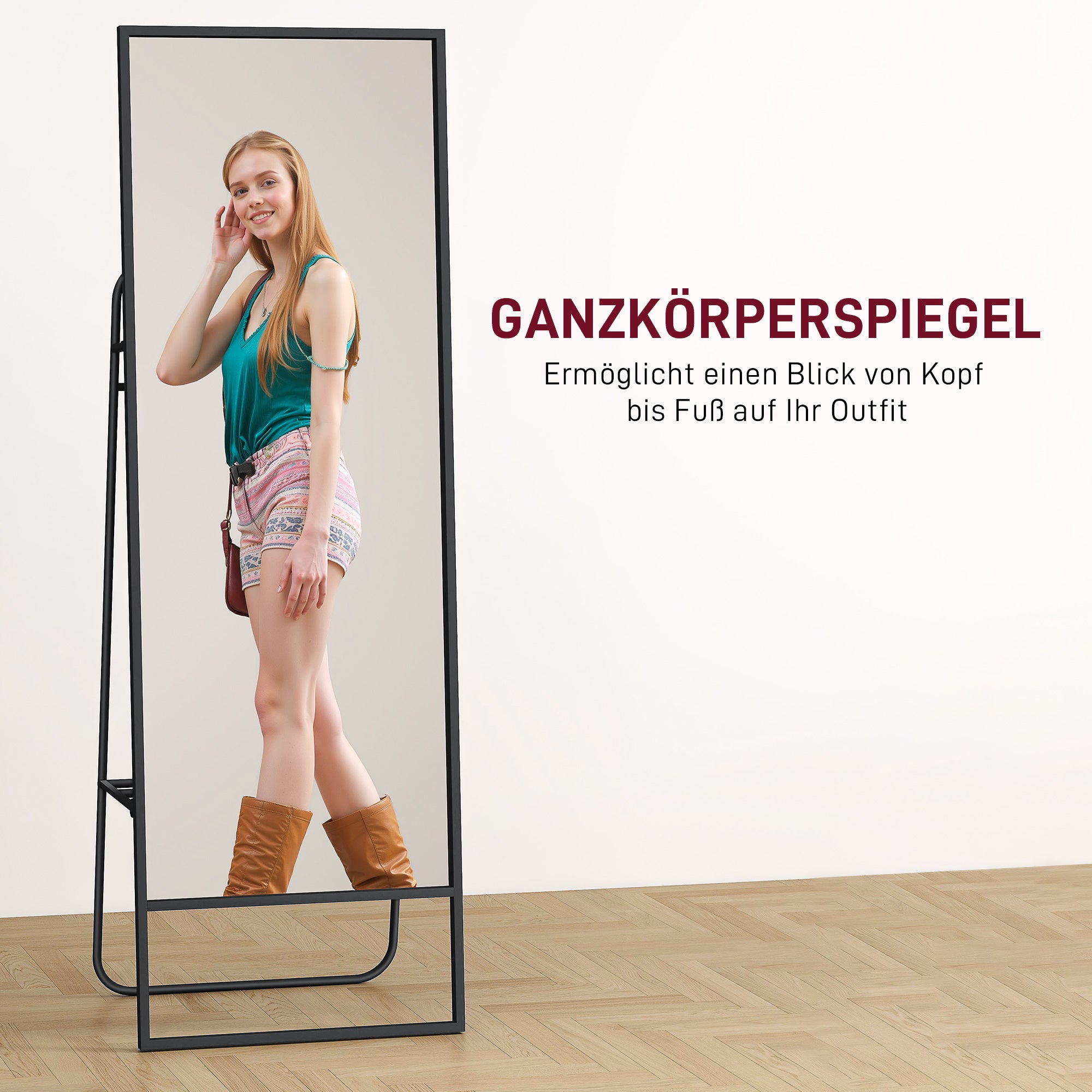 Full Body Mirror 157 x 50 cm Rectangular Standing Mirror with Shelf, 2 Hooks, and Metal Frame, Large Mirror, Dressing Mirror for Bedroom, Living Room, Entryway, Black