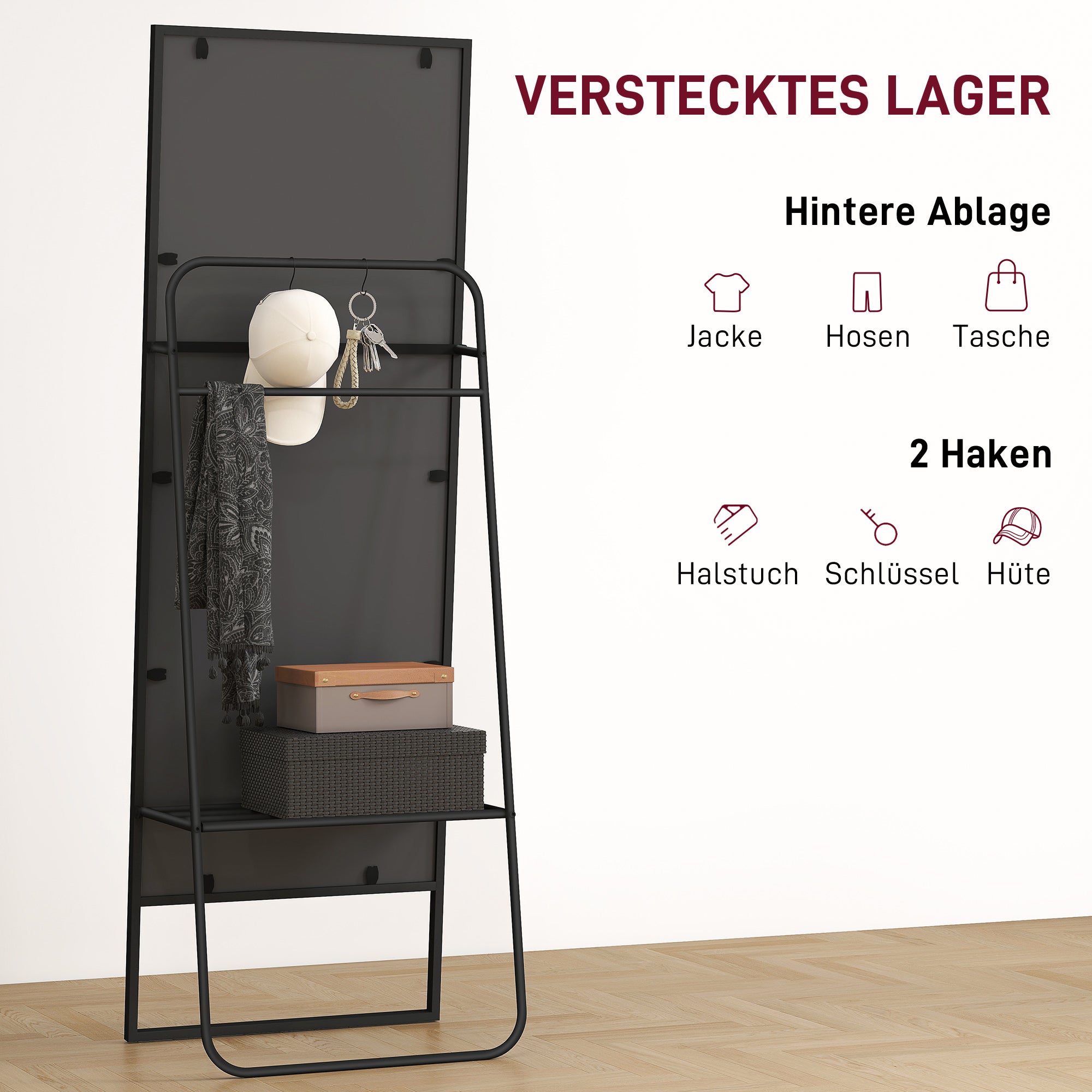 Full Body Mirror 157 x 50 cm Rectangular Standing Mirror with Shelf, 2 Hooks, and Metal Frame, Large Mirror, Dressing Mirror for Bedroom, Living Room, Entryway, Black