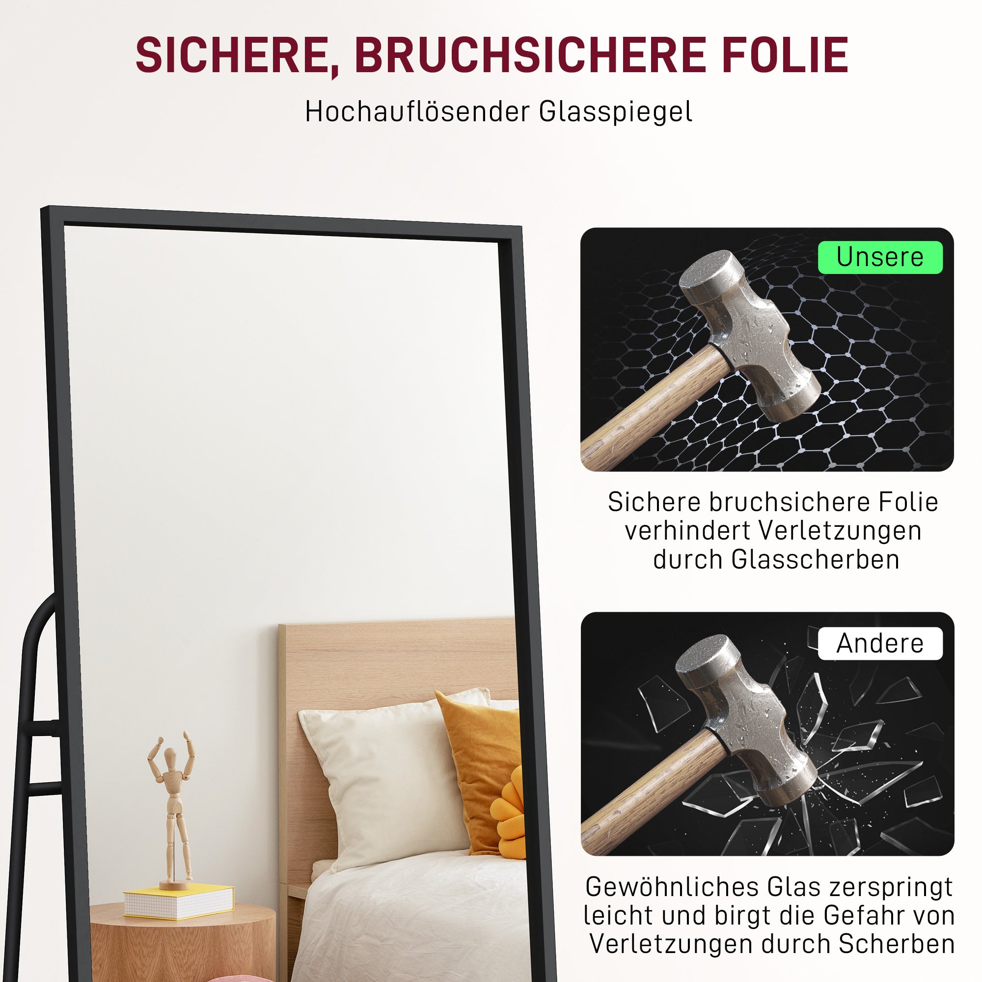 Full Body Mirror 157 x 50 cm Rectangular Standing Mirror with Shelf, 2 Hooks, and Metal Frame, Large Mirror, Dressing Mirror for Bedroom, Living Room, Entryway, Black