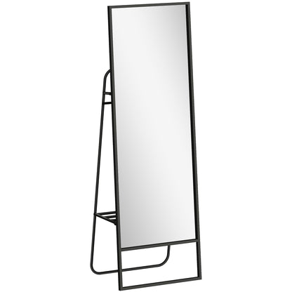 Full Body Mirror 157 x 50 cm Rectangular Standing Mirror with Shelf, 2 Hooks, and Metal Frame, Large Mirror, Dressing Mirror for Bedroom, Living Room, Entryway, Black