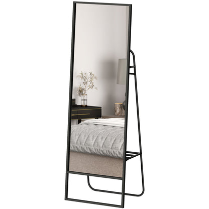 Full Body Mirror 157 x 50 cm Rectangular Standing Mirror with Shelf, 2 Hooks, and Metal Frame, Large Mirror, Dressing Mirror for Bedroom, Living Room, Entryway, Black
