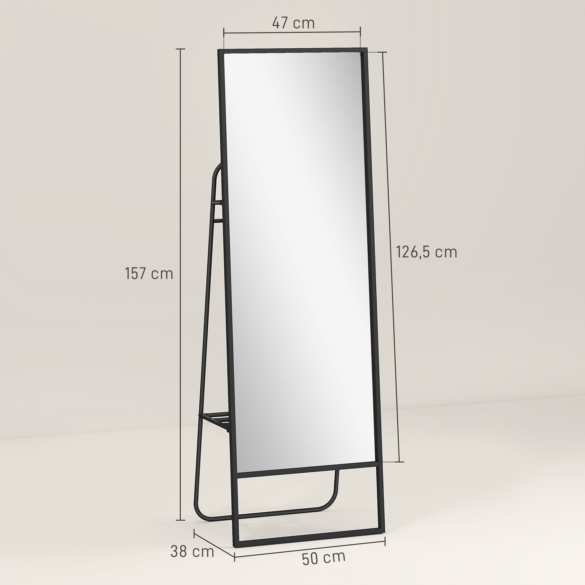 Full Body Mirror 157 x 50 cm Rectangular Standing Mirror with Shelf, 2 Hooks, and Metal Frame, Large Mirror, Dressing Mirror for Bedroom, Living Room, Entryway, Black