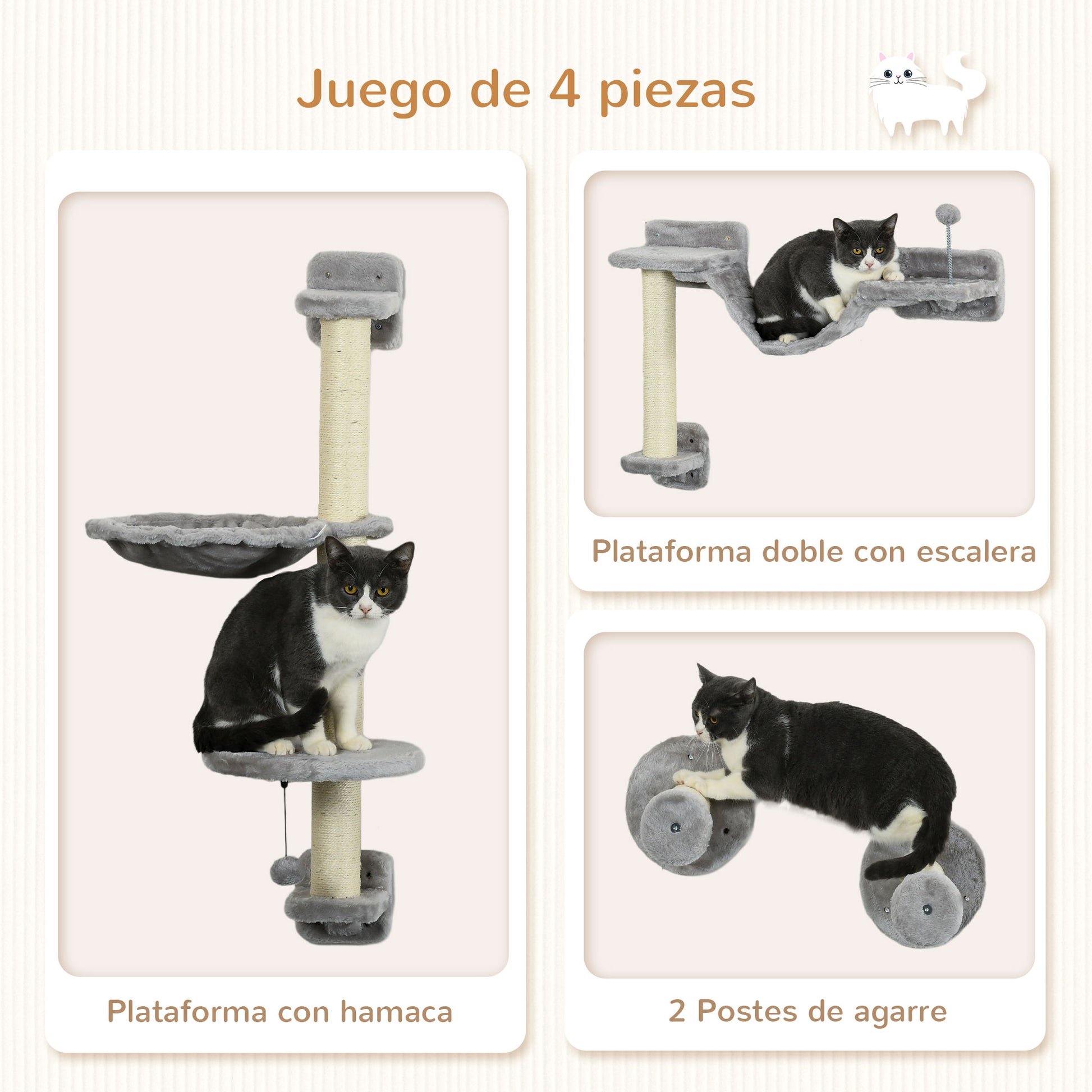 4-Piece Cat Shelf Set Wall Scratching Post with Hammock Scratching Posts Soft Ladder Ball Jumping Platforms Gray and Beige
