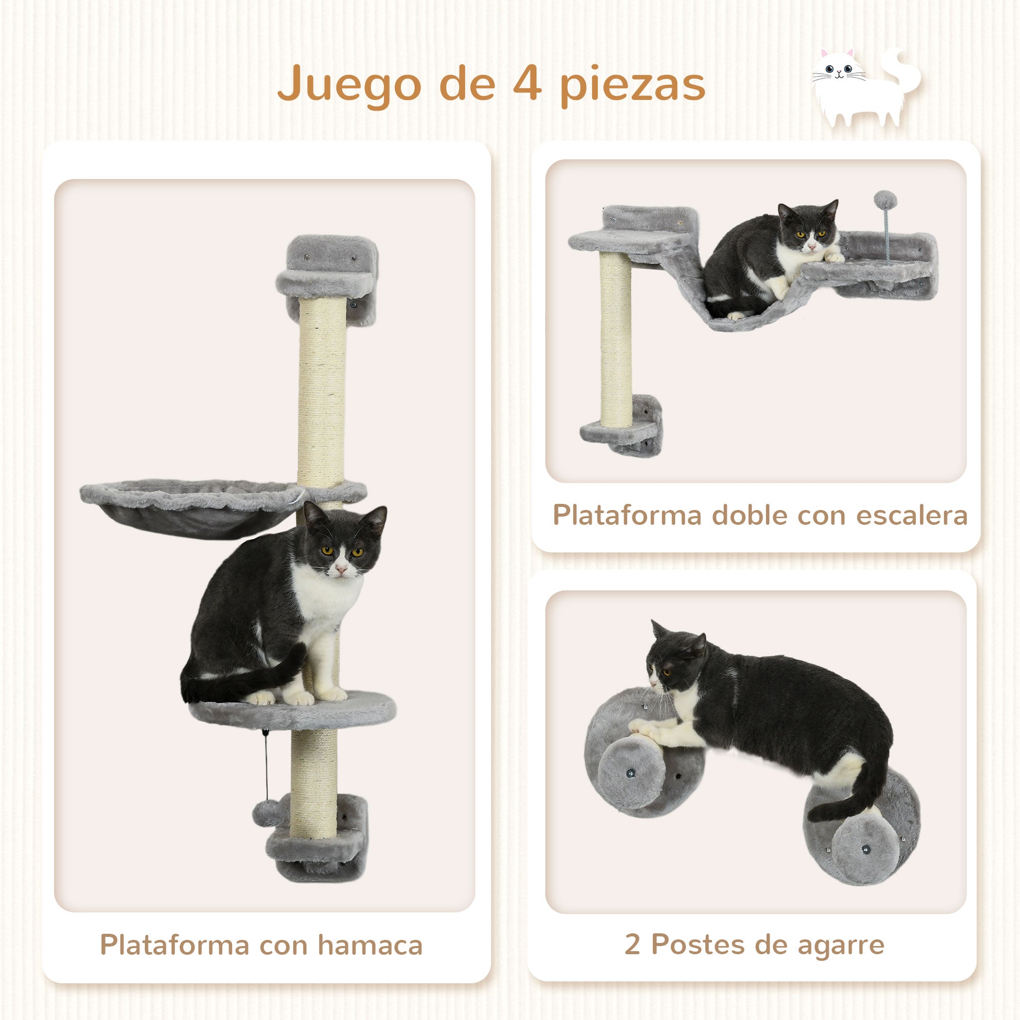 4-Piece Cat Shelf Set Wall Scratching Post with Hammock Scratching Posts Soft Ladder Ball Jumping Platforms Gray and Beige