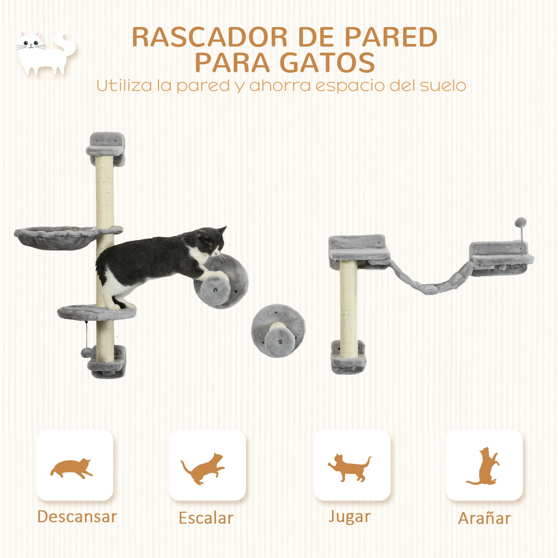 4-Piece Cat Shelf Set Wall Scratching Post with Hammock Scratching Posts Soft Ladder Ball Jumping Platforms Gray and Beige