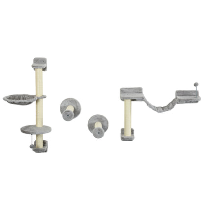 4-Piece Cat Shelf Set Wall Scratching Post with Hammock Scratching Posts Soft Ladder Ball Jumping Platforms Gray and Beige