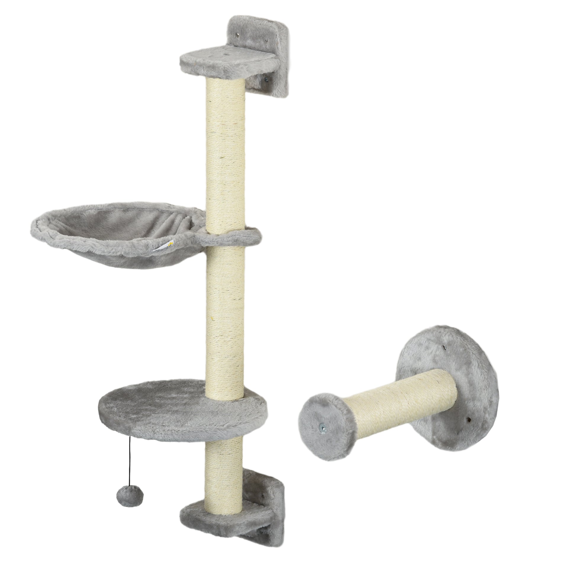 4-Piece Cat Shelf Set Wall Scratching Post with Hammock Scratching Posts Soft Ladder Ball Jumping Platforms Gray and Beige