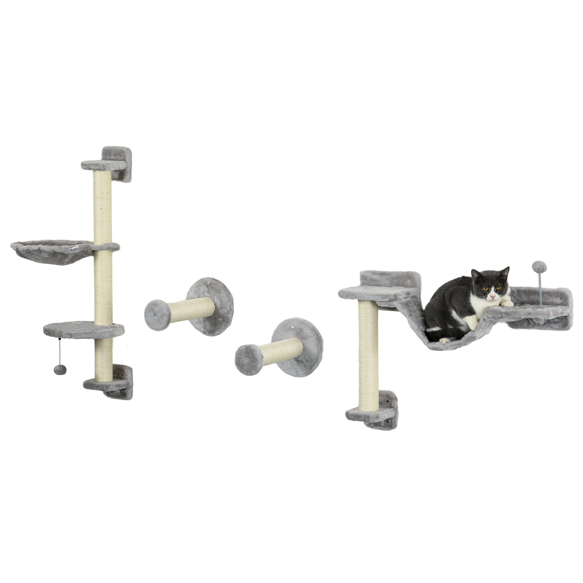 4-Piece Cat Shelf Set Wall Scratching Post with Hammock Scratching Posts Soft Ladder Ball Jumping Platforms Gray and Beige