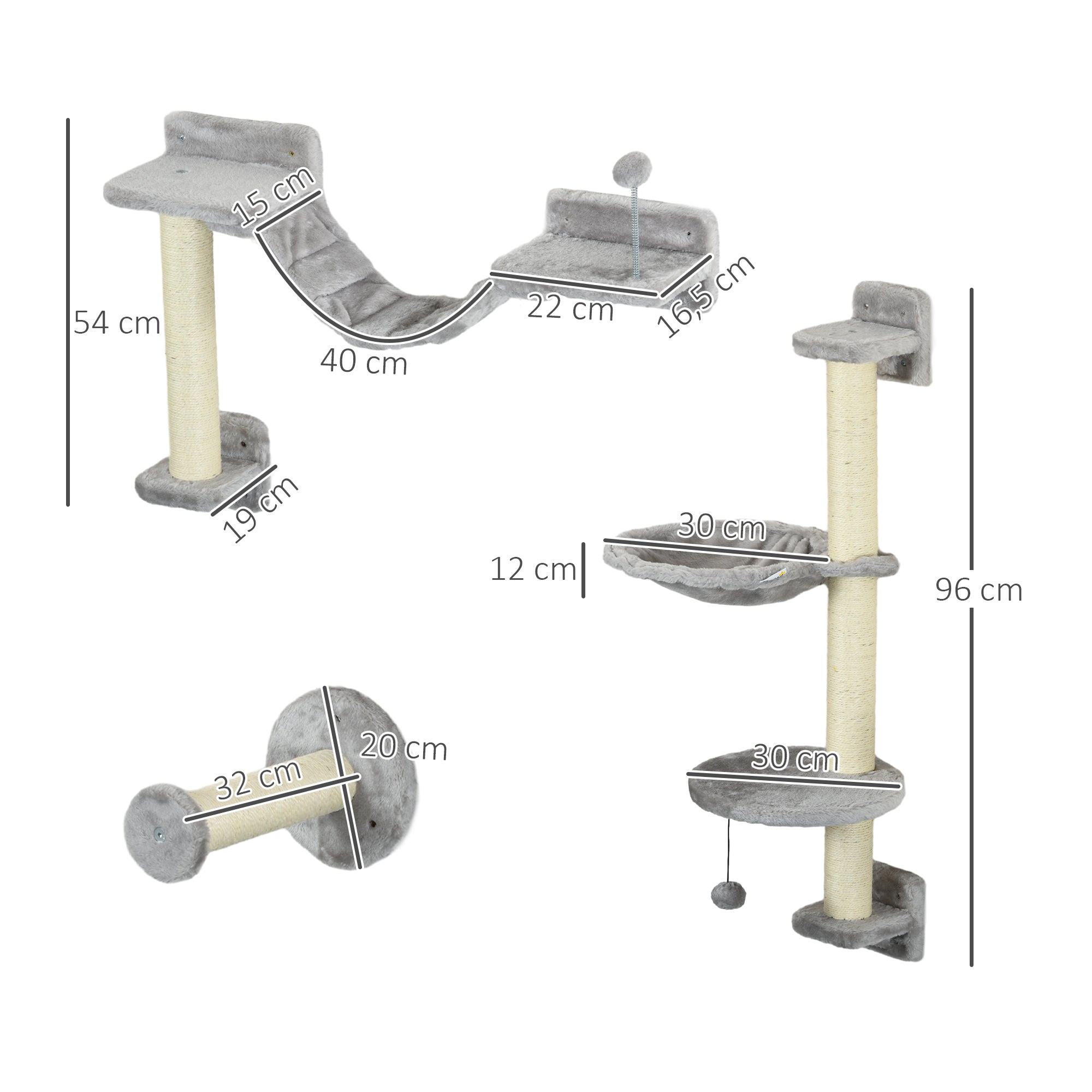 4-Piece Cat Shelf Set Wall Scratching Post with Hammock Scratching Posts Soft Ladder Ball Jumping Platforms Gray and Beige
