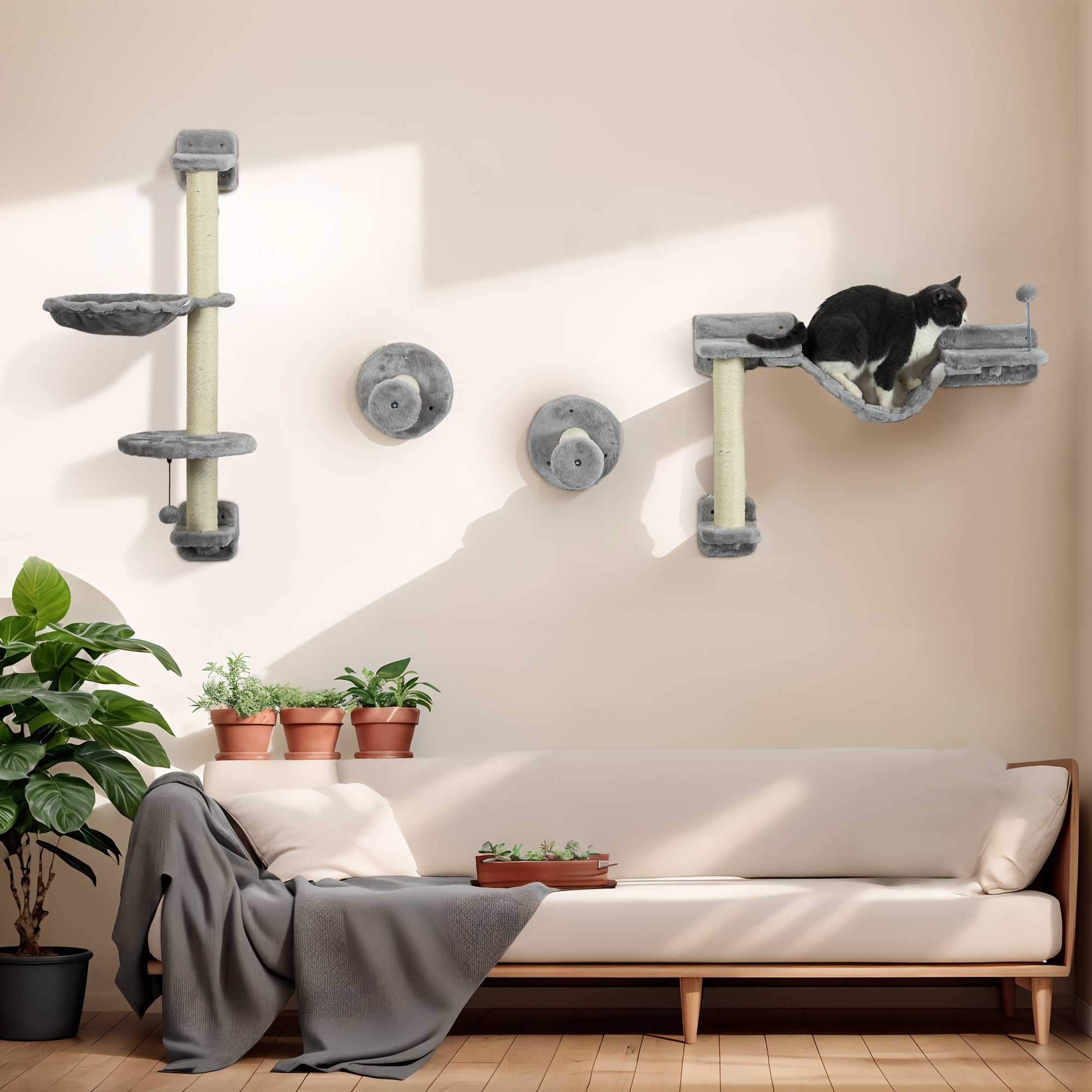4-Piece Cat Shelf Set Wall Scratching Post with Hammock Scratching Posts Soft Ladder Ball Jumping Platforms Gray and Beige