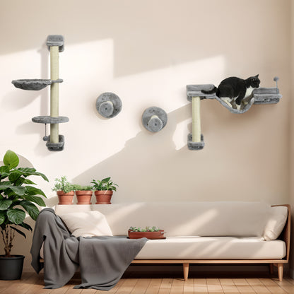 4-Piece Cat Shelf Set Wall Scratching Post with Hammock Scratching Posts Soft Ladder Ball Jumping Platforms Gray and Beige