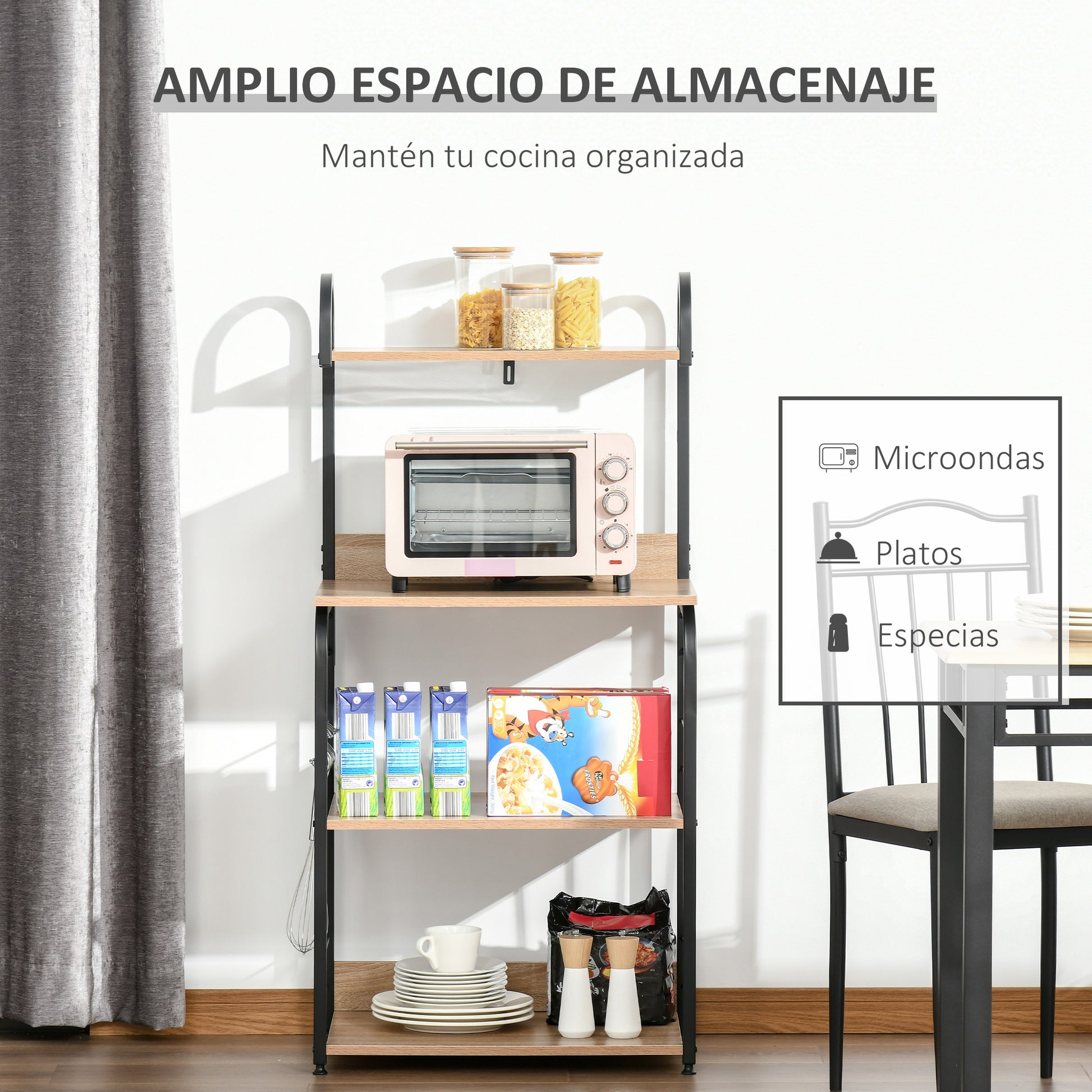 4-Tier Kitchen Shelf Kitchen Rack with Hooks Microwave Shelf 60x40x125 cm Natural Wood