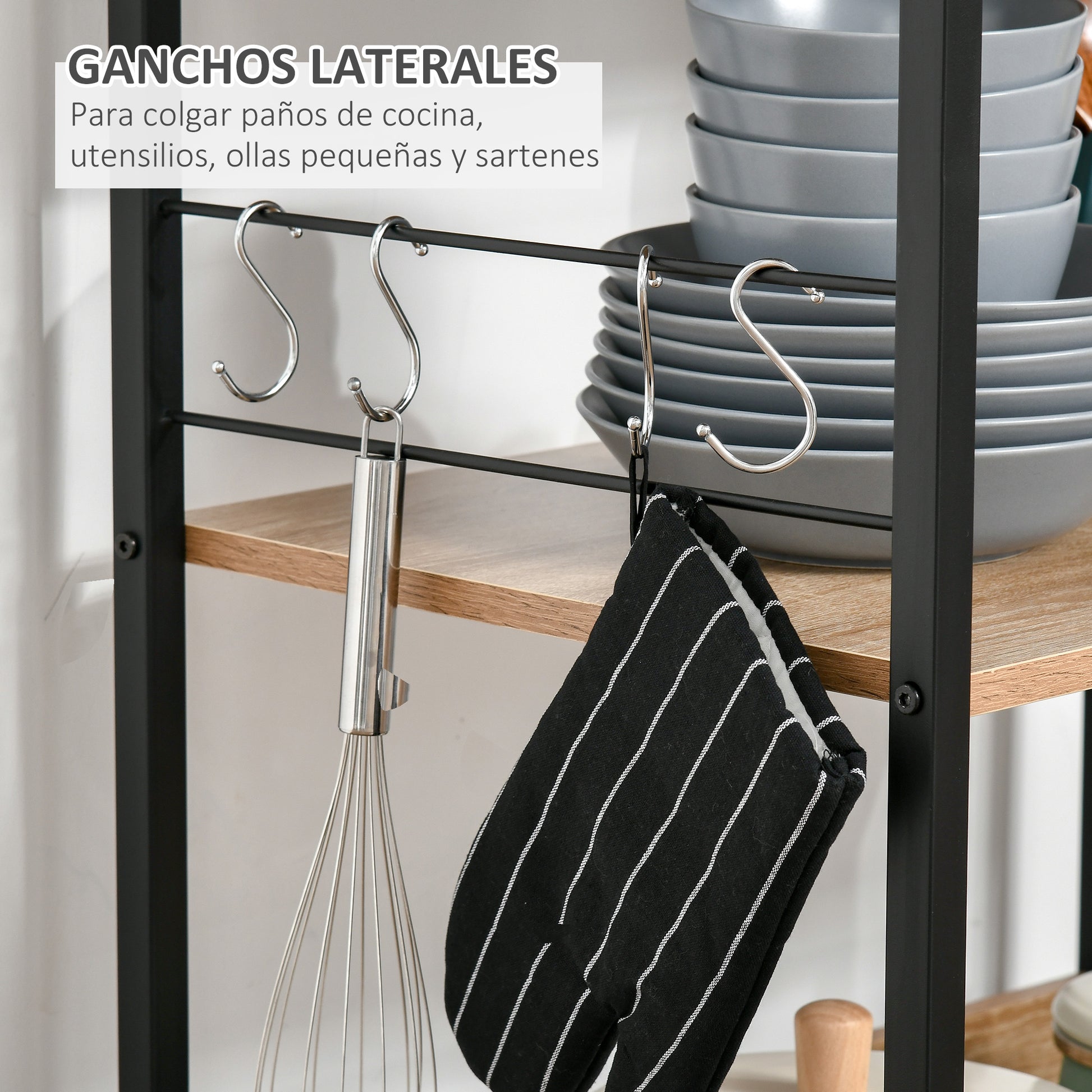 4-Tier Kitchen Shelf Kitchen Rack with Hooks Microwave Shelf 60x40x125 cm Natural Wood