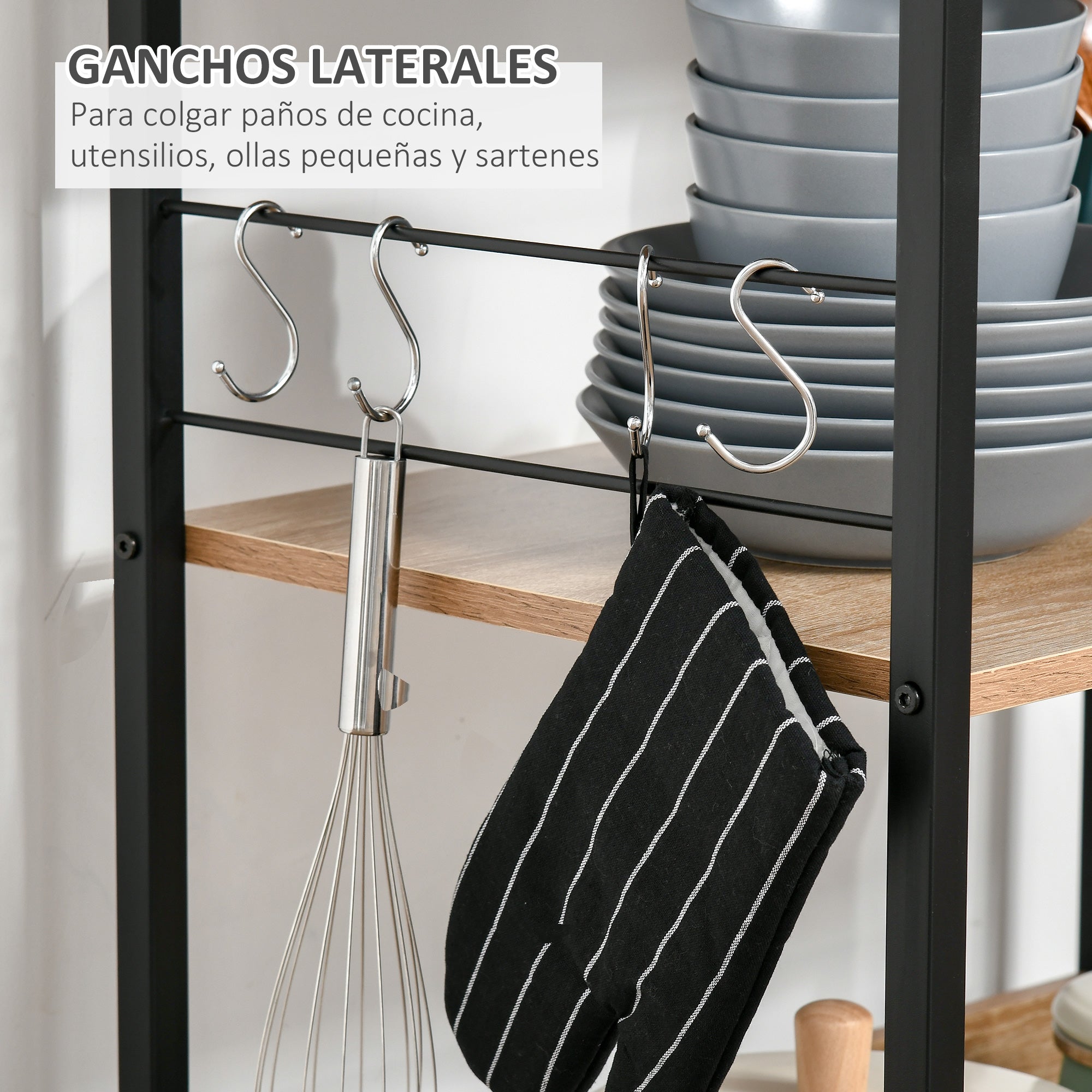 4-Tier Kitchen Shelf Kitchen Rack with Hooks Microwave Shelf 60x40x125 cm Natural Wood