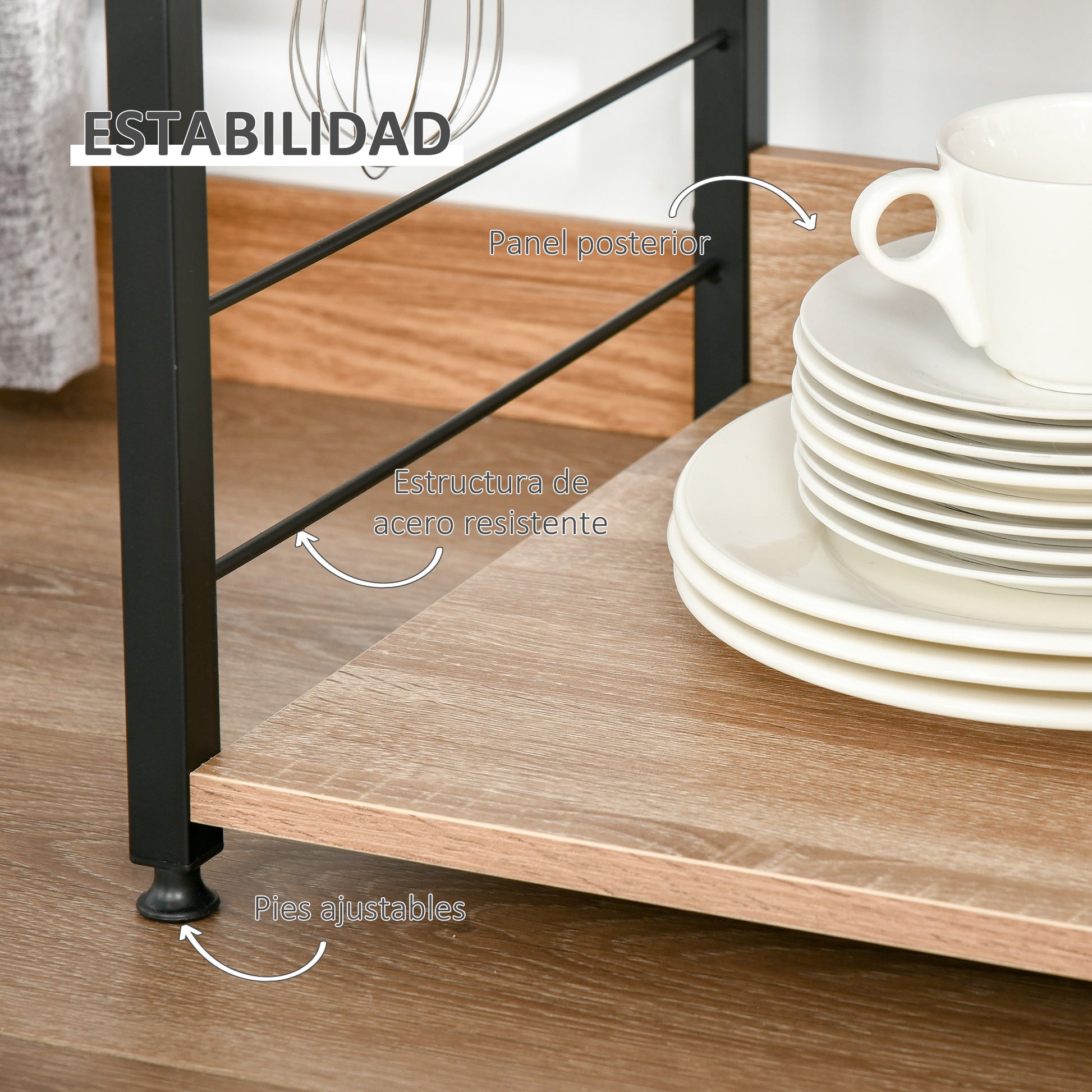 4-Tier Kitchen Shelf Kitchen Rack with Hooks Microwave Shelf 60x40x125 cm Natural Wood