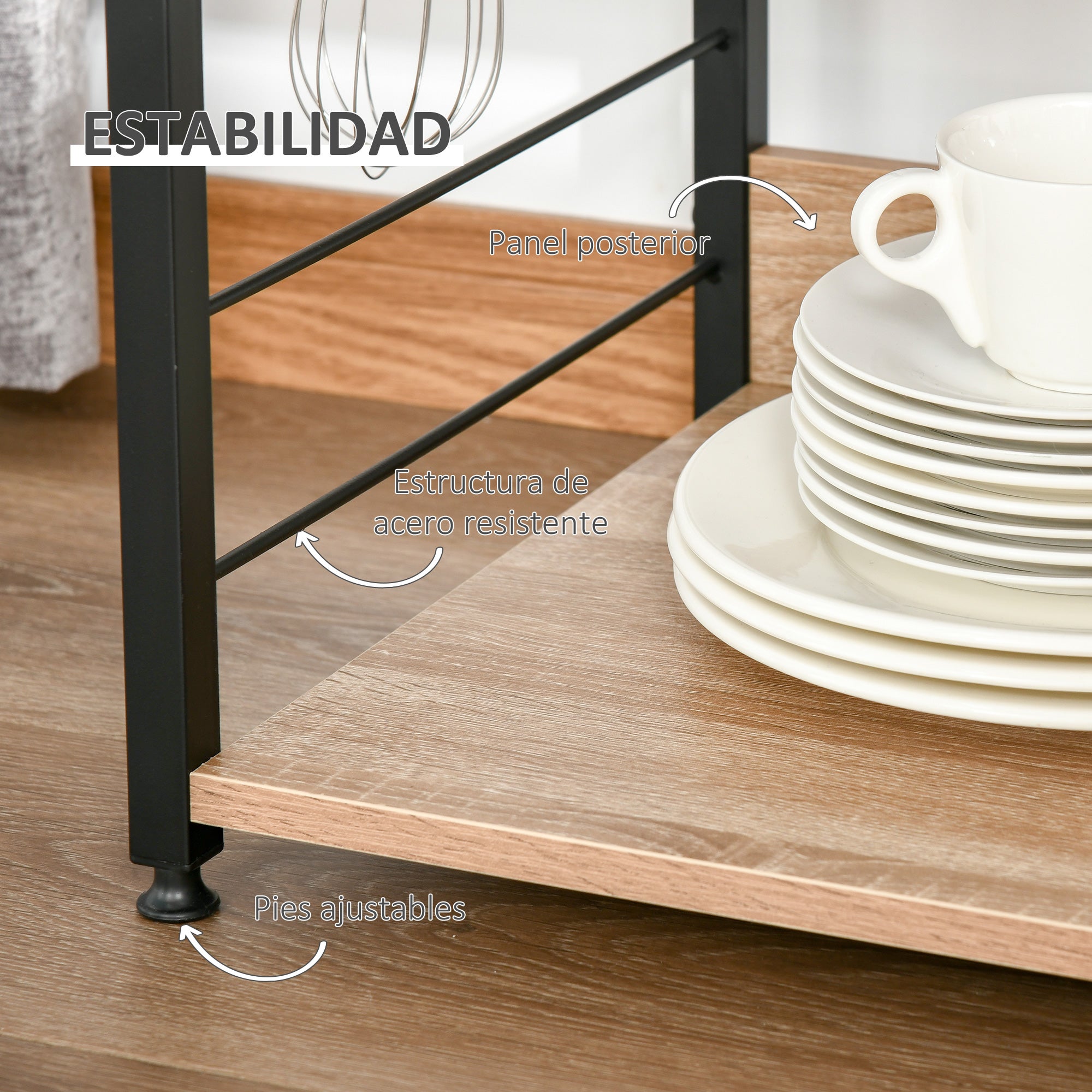 4-Tier Kitchen Shelf Kitchen Rack with Hooks Microwave Shelf 60x40x125 cm Natural Wood