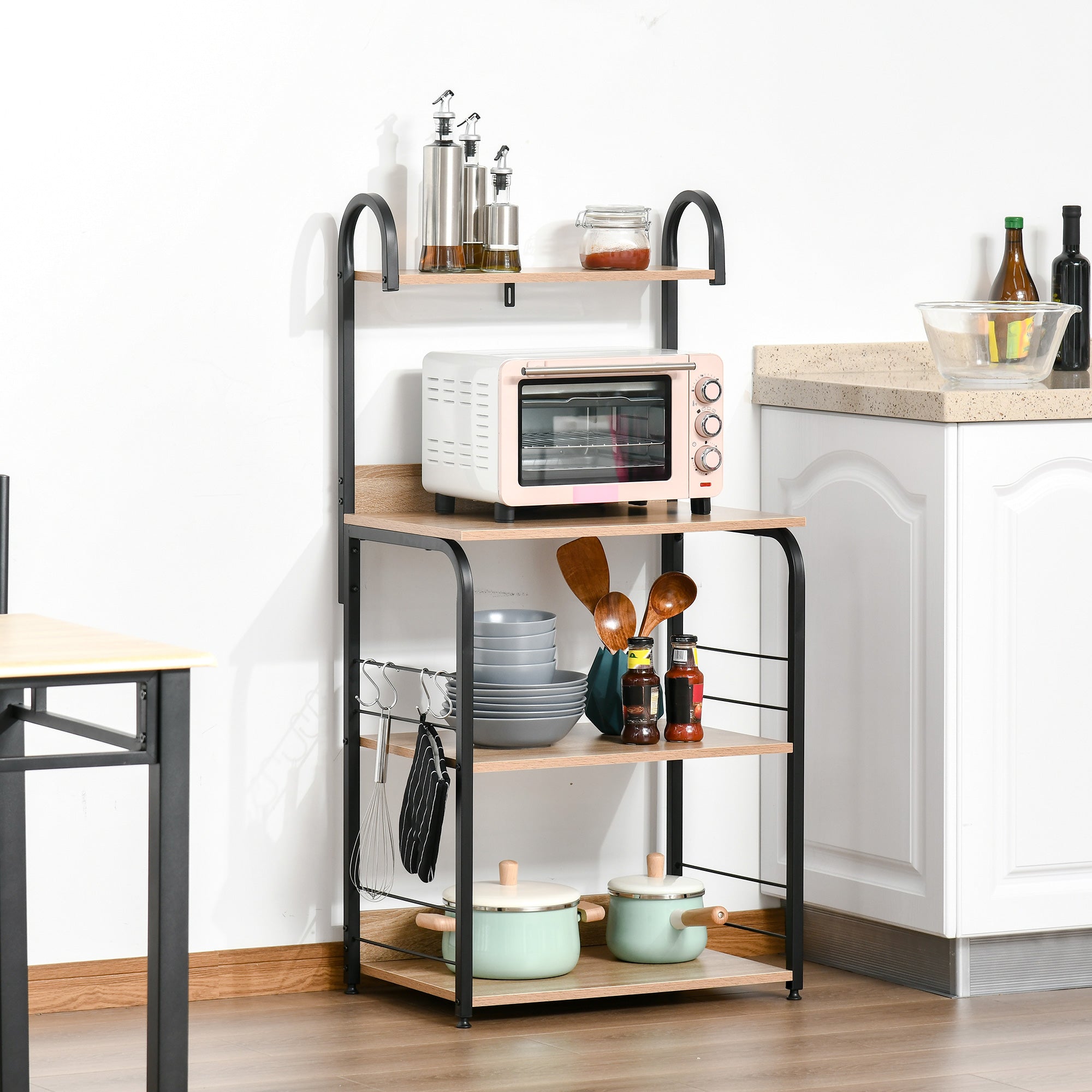 4-Tier Kitchen Shelf Kitchen Rack with Hooks Microwave Shelf 60x40x125 cm Natural Wood