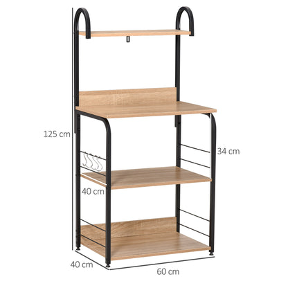 4-Tier Kitchen Shelf Kitchen Rack with Hooks Microwave Shelf 60x40x125 cm Natural Wood