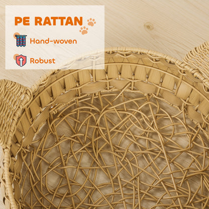 Rattan Cat Bed with Removable Cushion — Cat Cave for Cats up to 22 lb, 19.7" x 19.7" x 9.8", Light Brown