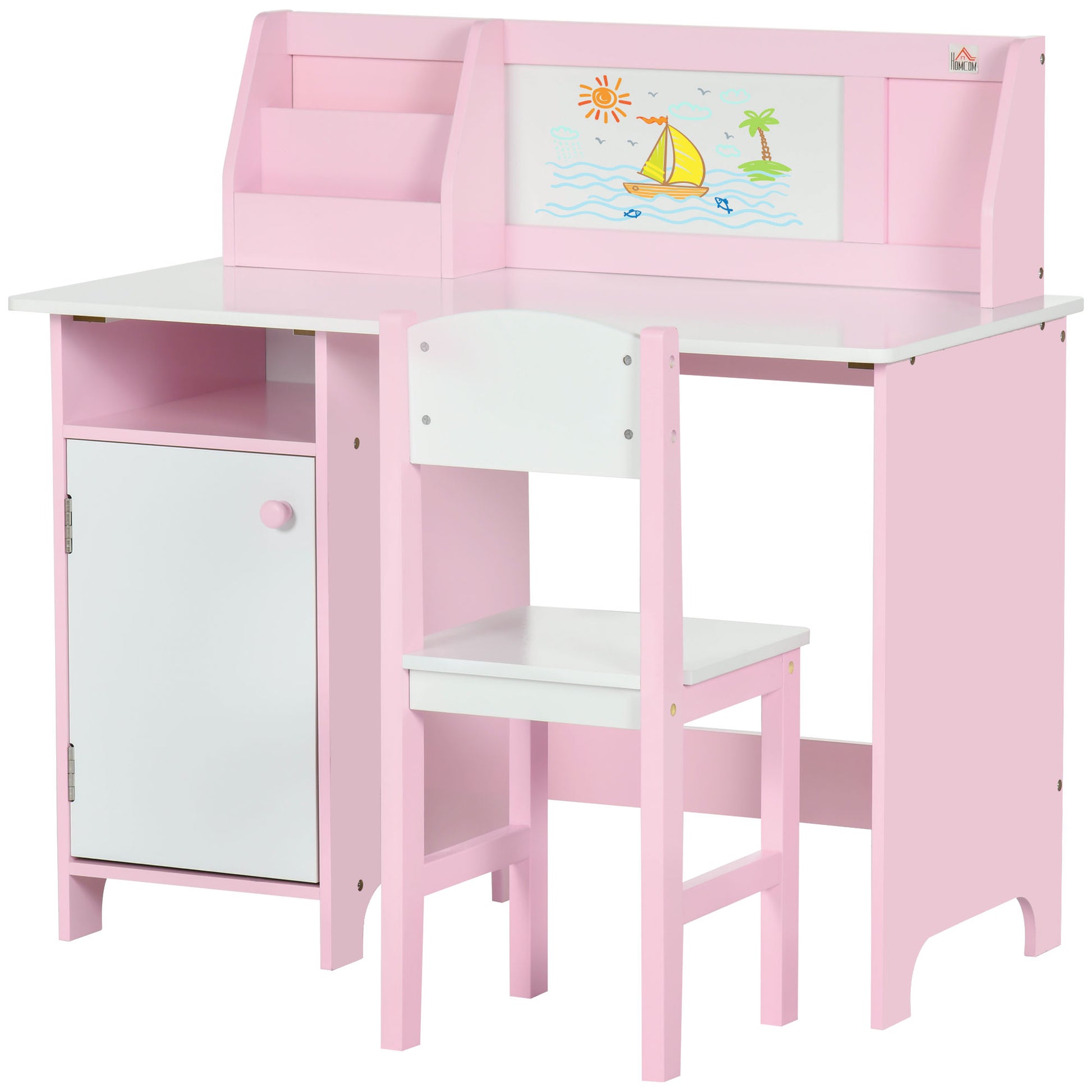 Kids Wooden Table and Chair Set with Whiteboard Study Desk for Children 5+ Years Children's Writing Desk Furniture 90x45x85 cm Pink