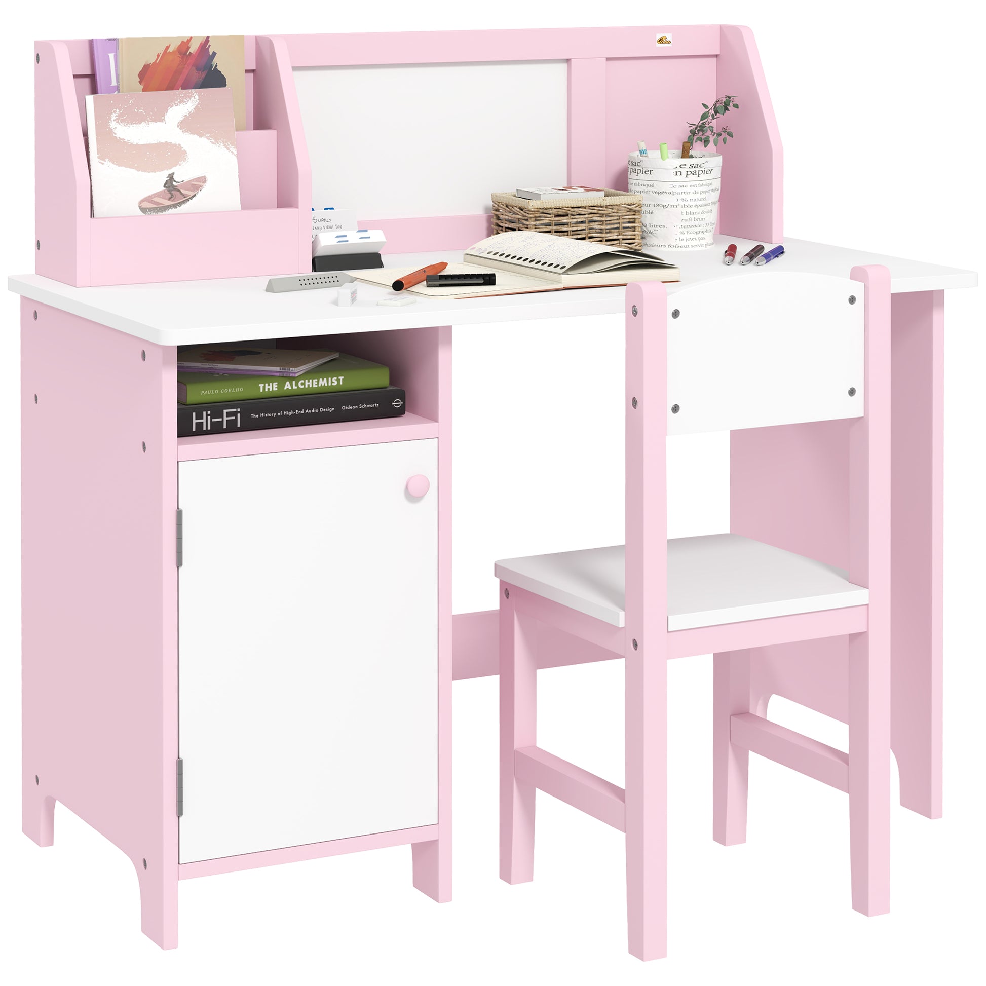Kids Wooden Table and Chair Set with Whiteboard Study Desk for Children 5+ Years Children's Writing Desk Furniture 90x45x85 cm Pink
