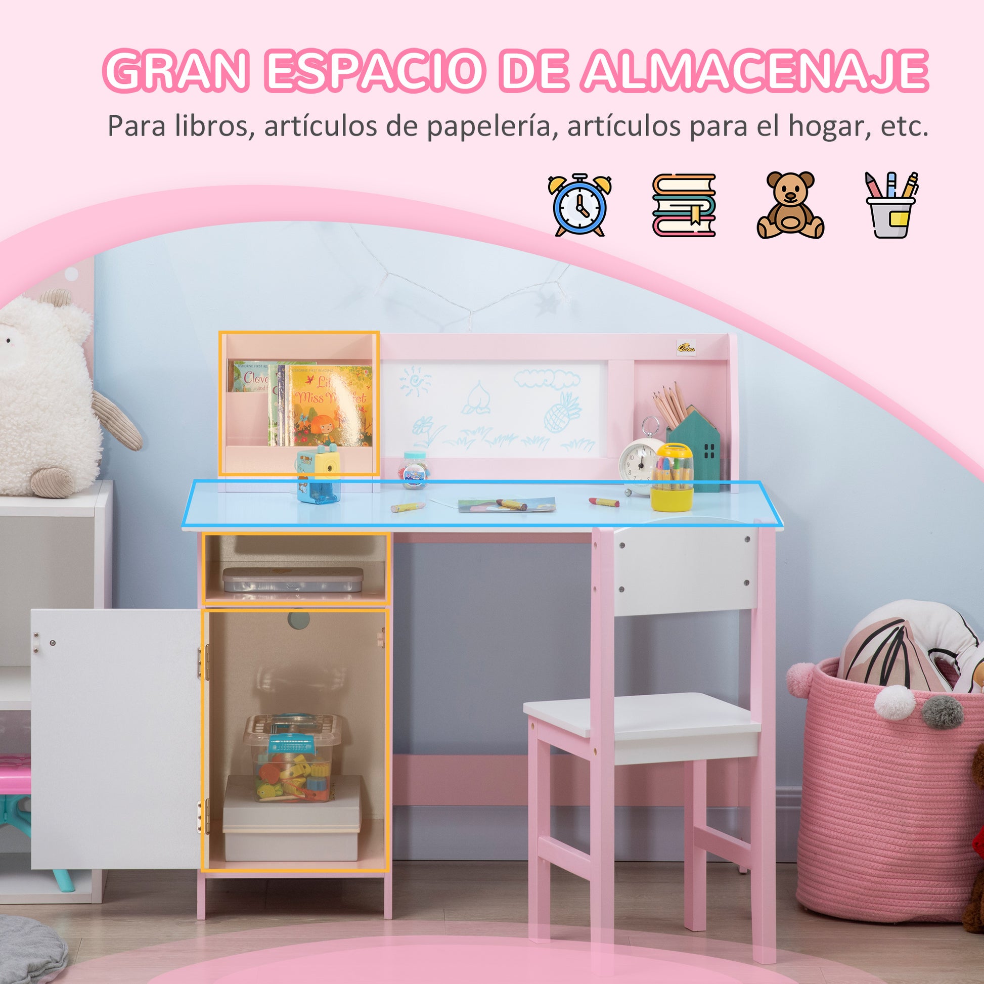 Kids Wooden Table and Chair Set with Whiteboard Study Desk for Children 5+ Years Children's Writing Desk Furniture 90x45x85 cm Pink