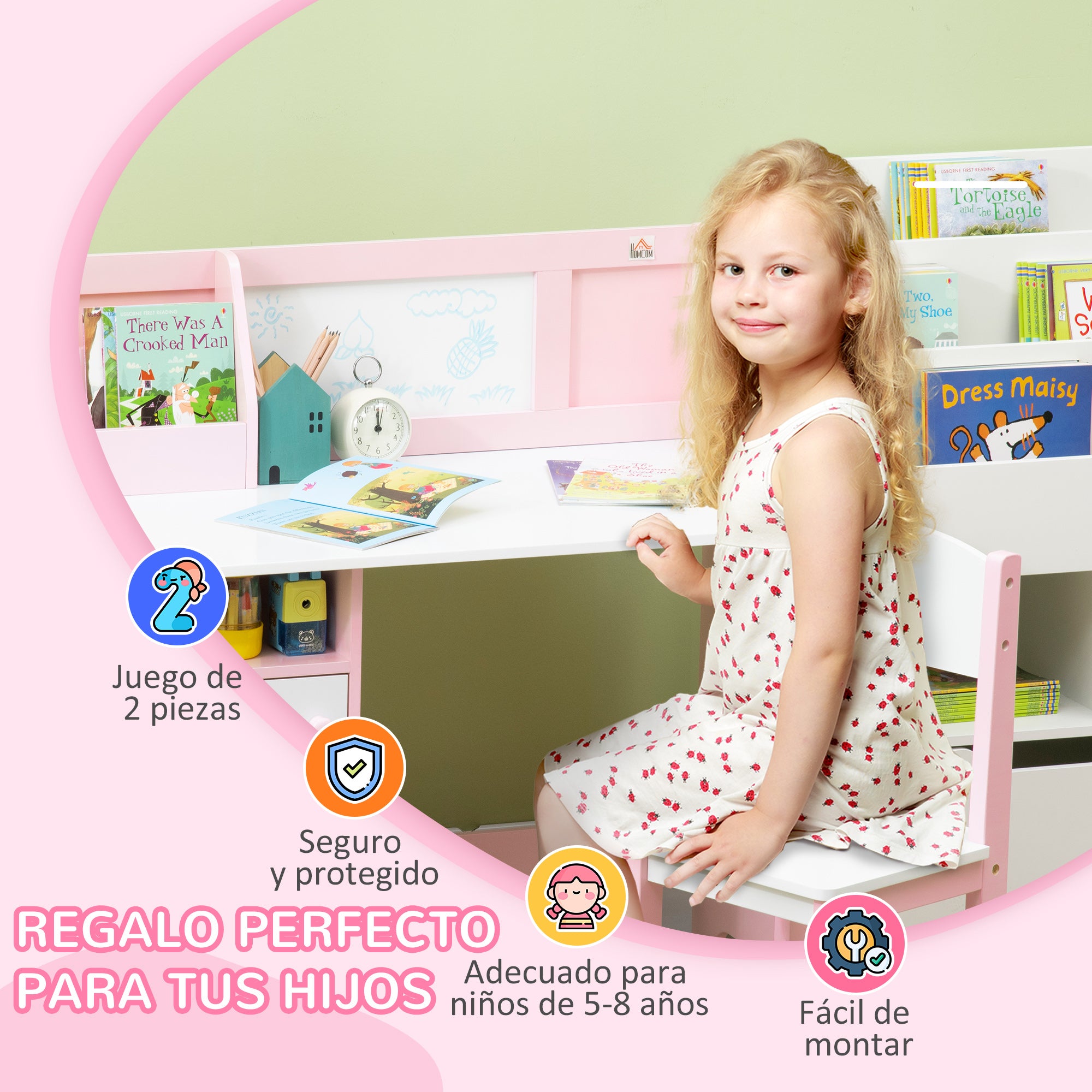 Kids Wooden Table and Chair Set with Whiteboard Study Desk for Children 5+ Years Children's Writing Desk Furniture 90x45x85 cm Pink