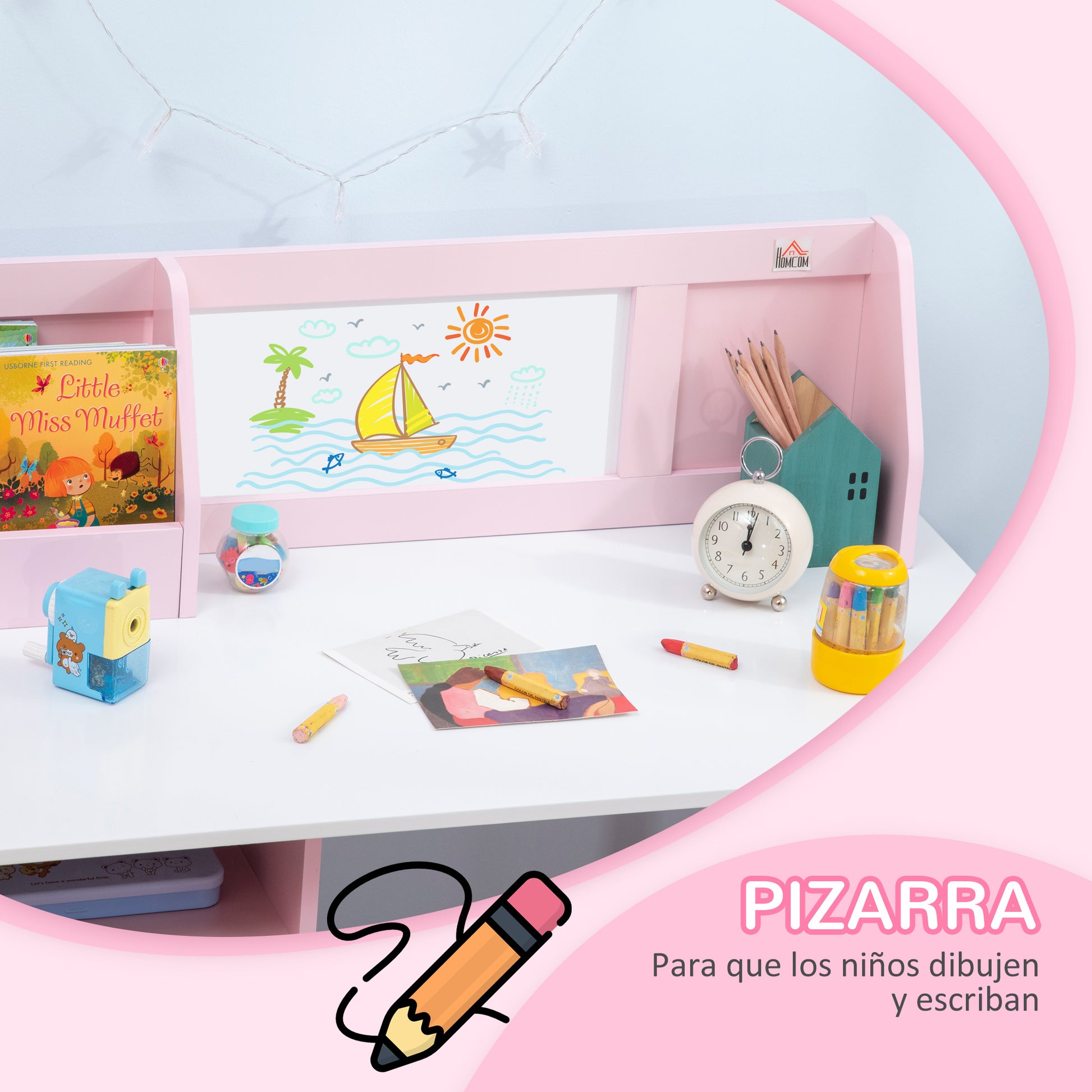 Kids Wooden Table and Chair Set with Whiteboard Study Desk for Children 5+ Years Children's Writing Desk Furniture 90x45x85 cm Pink
