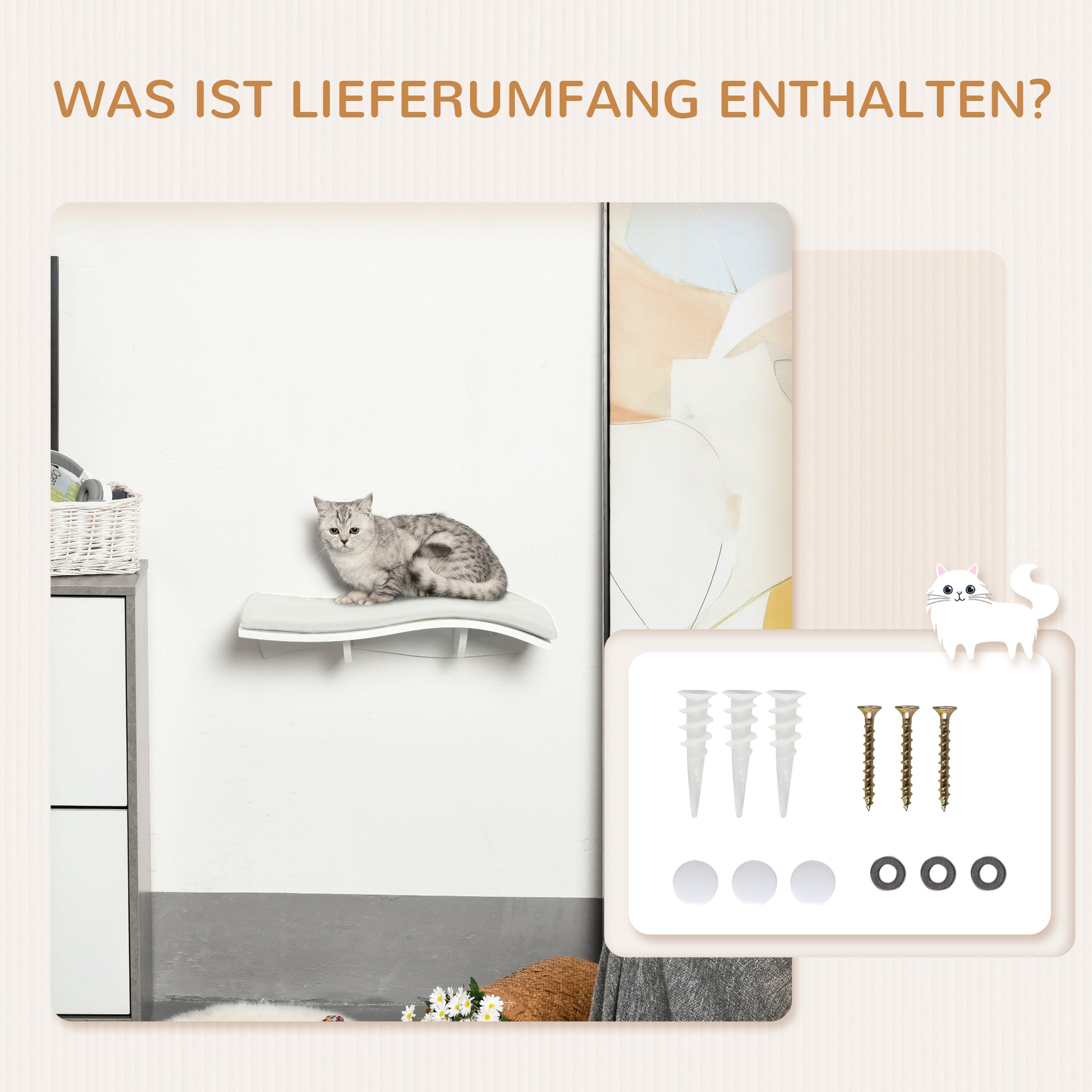 Cat Climbing Wall Cat Hammock Cat Bed Wall Cat Shelf Wall-mounted Cat Furniture Plush MDF White 53 x 28 x 12 cm