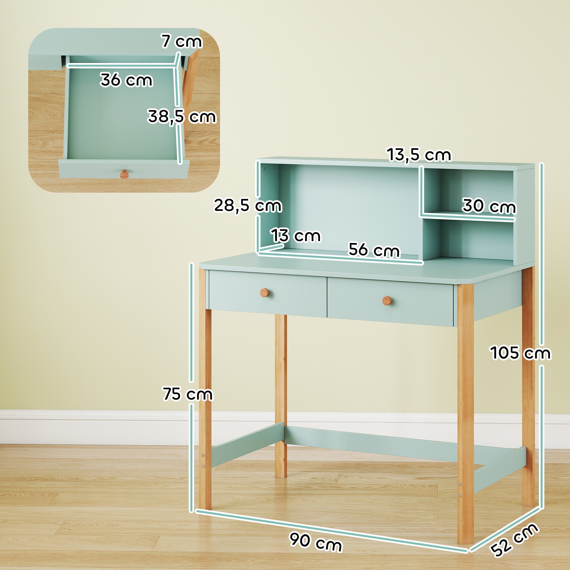 Kids Desk with 3 Open Compartments & 2 Drawers, Pine Legs, for Study/Entry/Bedroom, Ages 5–12 — 35.4×20.5×41.3 in (Green)