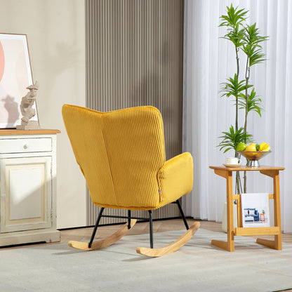 Schaukelstuhl, Schaukelsessel mit Kordoptik, Armlehne, Gepolsterter Sessel mit Holzkufen, Relaxsessel für Wohnzimmer, Schlafzimmer, bis 120kg belastbar, Gelb