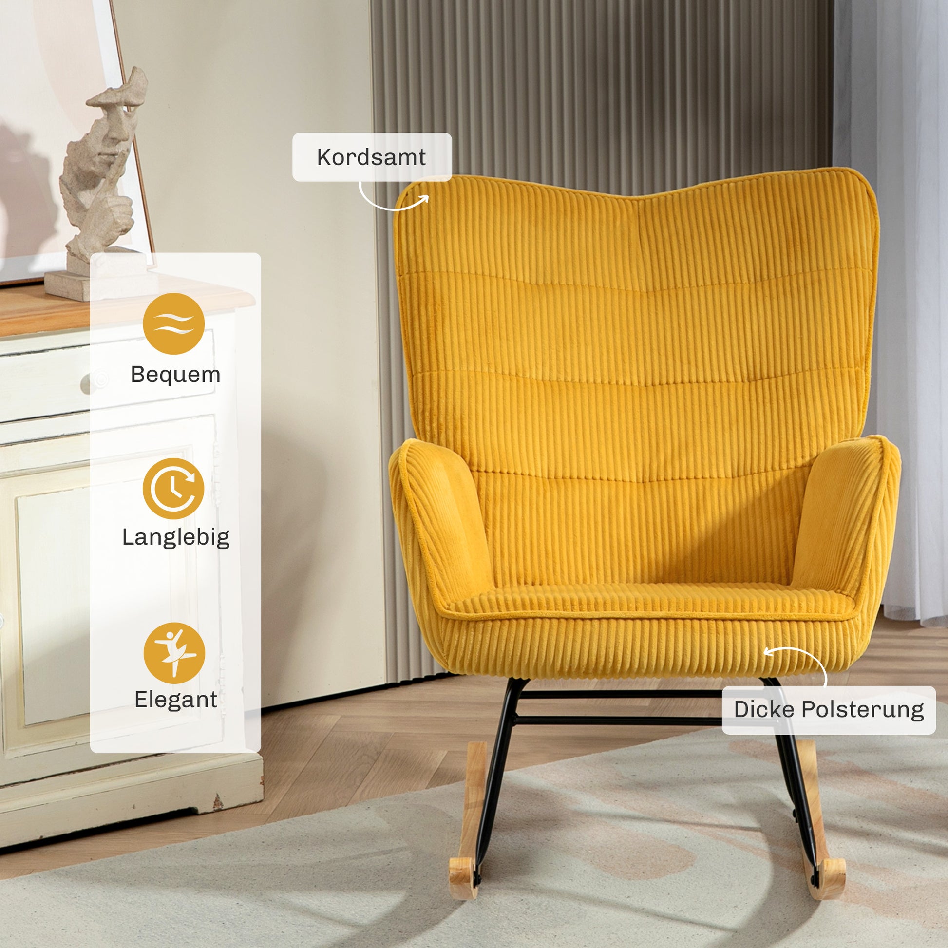 Rocking Chair, Rocking Armchair with Cord Look, Armrest, Padded Chair with Wooden Rockers, Relax Armchair for Living Room, Bedroom, up to 120kg load-bearing capacity, Yellow