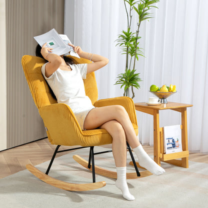 Schaukelstuhl, Schaukelsessel mit Kordoptik, Armlehne, Gepolsterter Sessel mit Holzkufen, Relaxsessel für Wohnzimmer, Schlafzimmer, bis 120kg belastbar, Gelb