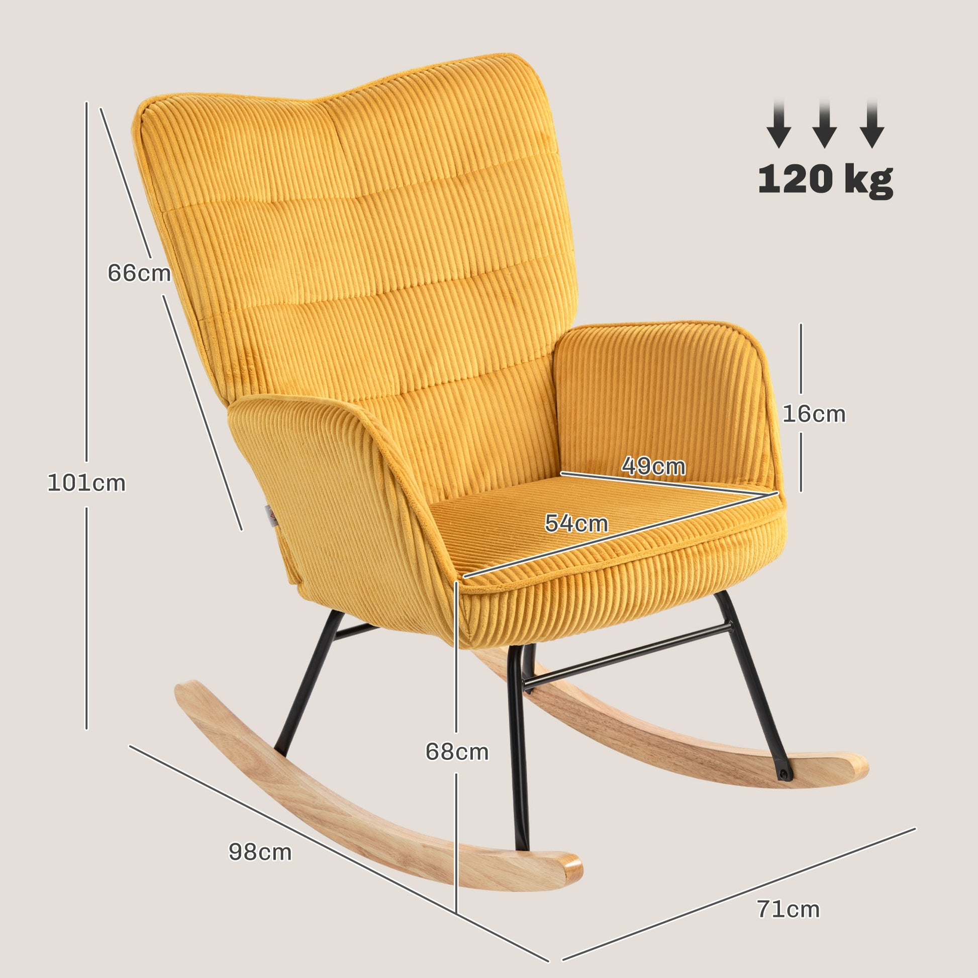 Rocking Chair, Rocking Armchair with Cord Look, Armrest, Padded Chair with Wooden Rockers, Relax Armchair for Living Room, Bedroom, up to 120kg load-bearing capacity, Yellow