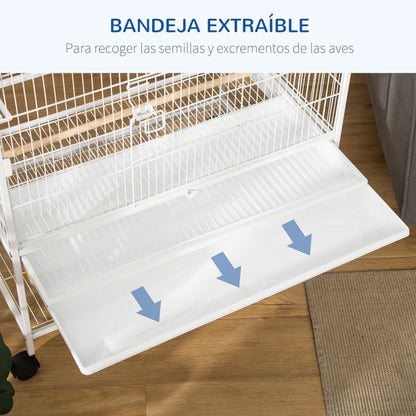 Bird Cage with Wheels Metal Birdcage with Removable Tray 4 Doors 4 Feeders 4 Perches and Storage Shelf Cage for Canaries Parakeets 78x52x132 cm White