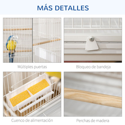 Bird Cage with Wheels Metal Birdcage with Removable Tray 4 Doors 4 Feeders 4 Perches and Storage Shelf Cage for Canaries Parakeets 78x52x132 cm White
