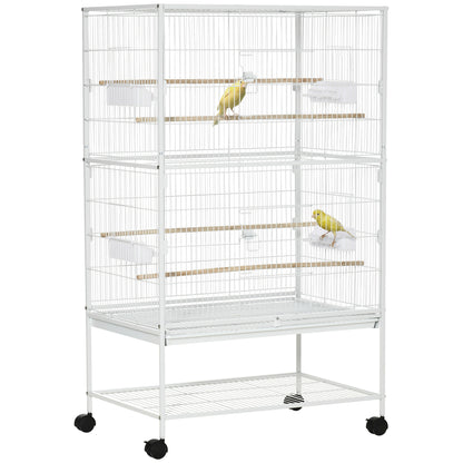 Bird Cage with Wheels Metal Birdcage with Removable Tray 4 Doors 4 Feeders 4 Perches and Storage Shelf Cage for Canaries Parakeets 78x52x132 cm White