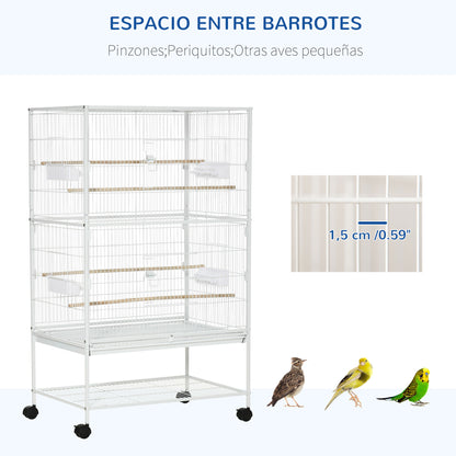 Bird Cage with Wheels Metal Birdcage with Removable Tray 4 Doors 4 Feeders 4 Perches and Storage Shelf Cage for Canaries Parakeets 78x52x132 cm White