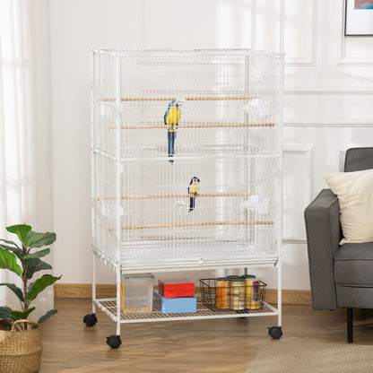 Bird Cage with Wheels Metal Birdcage with Removable Tray 4 Doors 4 Feeders 4 Perches and Storage Shelf Cage for Canaries Parakeets 78x52x132 cm White