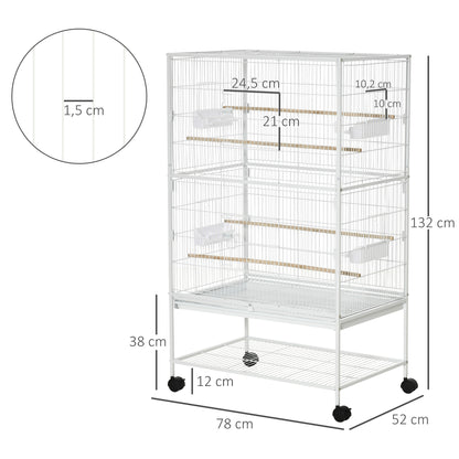 Bird Cage with Wheels Metal Birdcage with Removable Tray 4 Doors 4 Feeders 4 Perches and Storage Shelf Cage for Canaries Parakeets 78x52x132 cm White