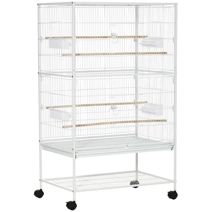 Bird Cage with Wheels Metal Birdcage with Removable Tray 4 Doors 4 Feeders 4 Perches and Storage Shelf Cage for Canaries Parakeets 78x52x132 cm White