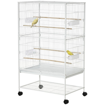 Bird Cage with Wheels Metal Birdcage with Removable Tray 4 Doors 4 Feeders 4 Perches and Storage Shelf Cage for Canaries Parakeets 78x52x132 cm White