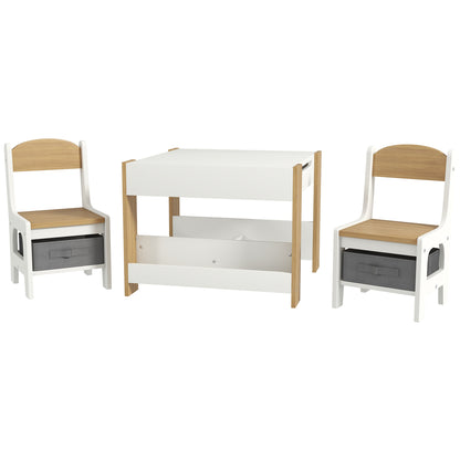 3-piece Set Table and 2 Chairs for Kids with Reversible Tabletop, Chalkboard, Storage Basket, Natural Wood Shelves