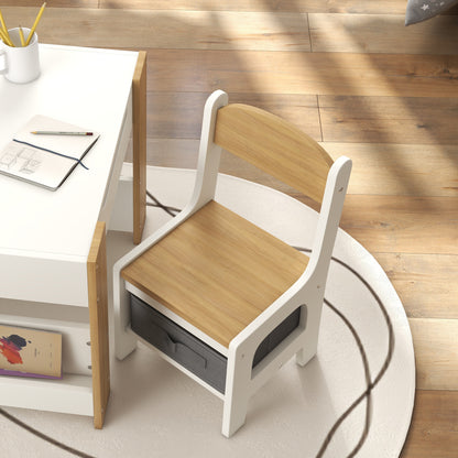 3-piece Set Table and 2 Chairs for Kids with Reversible Tabletop, Chalkboard, Storage Basket, Natural Wood Shelves