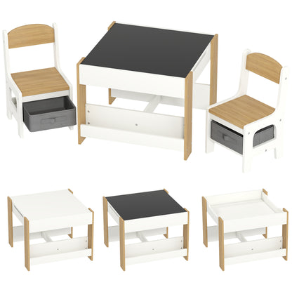 3-piece Set Table and 2 Chairs for Kids with Reversible Tabletop, Chalkboard, Storage Basket, Natural Wood Shelves