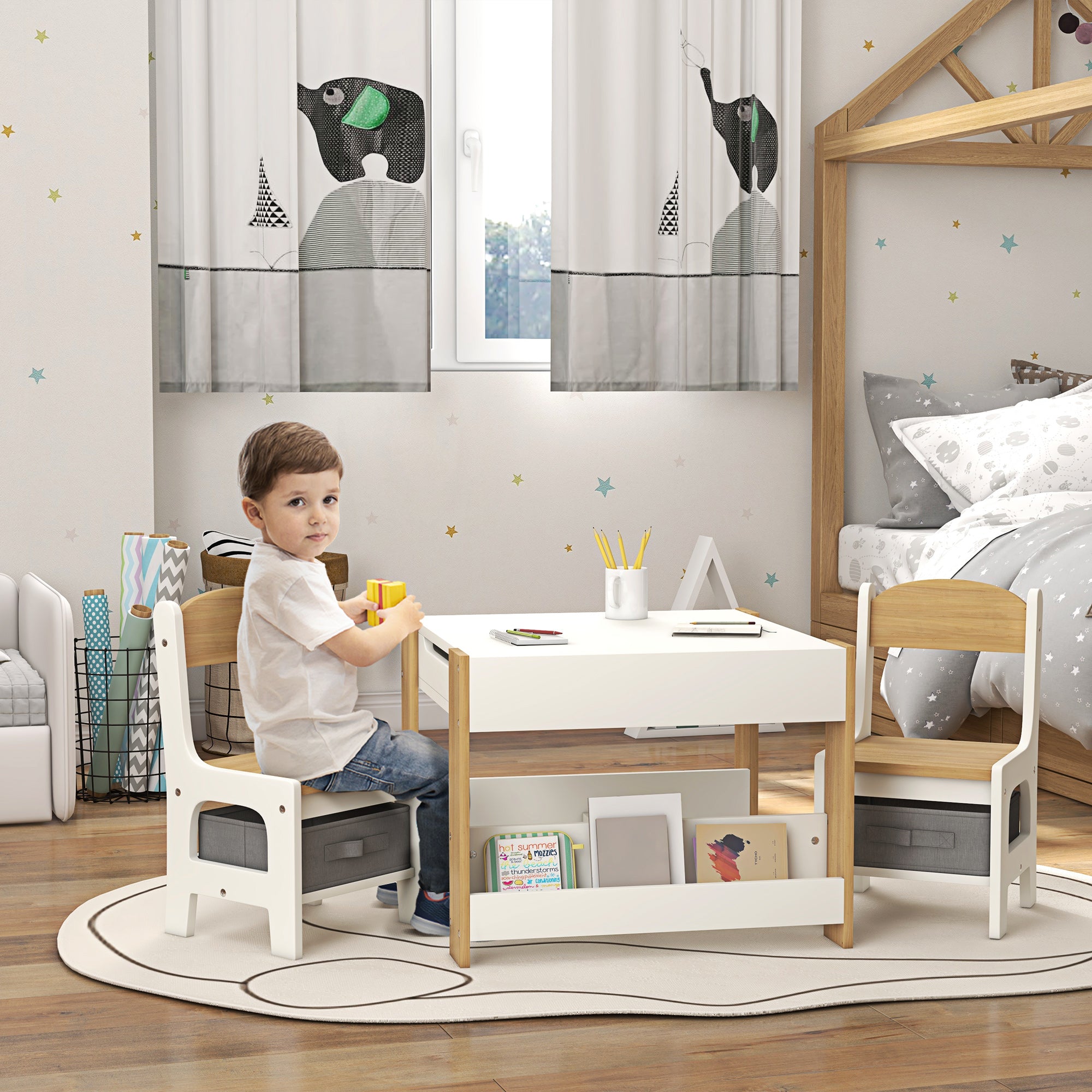 3-piece Set Table and 2 Chairs for Kids with Reversible Tabletop, Chalkboard, Storage Basket, Natural Wood Shelves